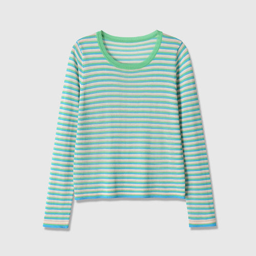 Damen Gestreiftes Feinstrick-Longsleeve mit Rundhalsausschnitt und Cropped-Boxy-Schnitt Drune