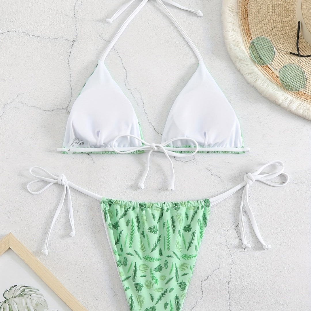 Damen trendiger Triangel-Bikini mit botanischem Muster Drune
