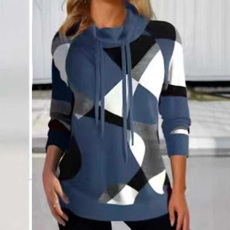 Damen Geometrischer Kapuzenpullover mit Kordelzug, Longline-Schnitt und Seitentaschen Drune