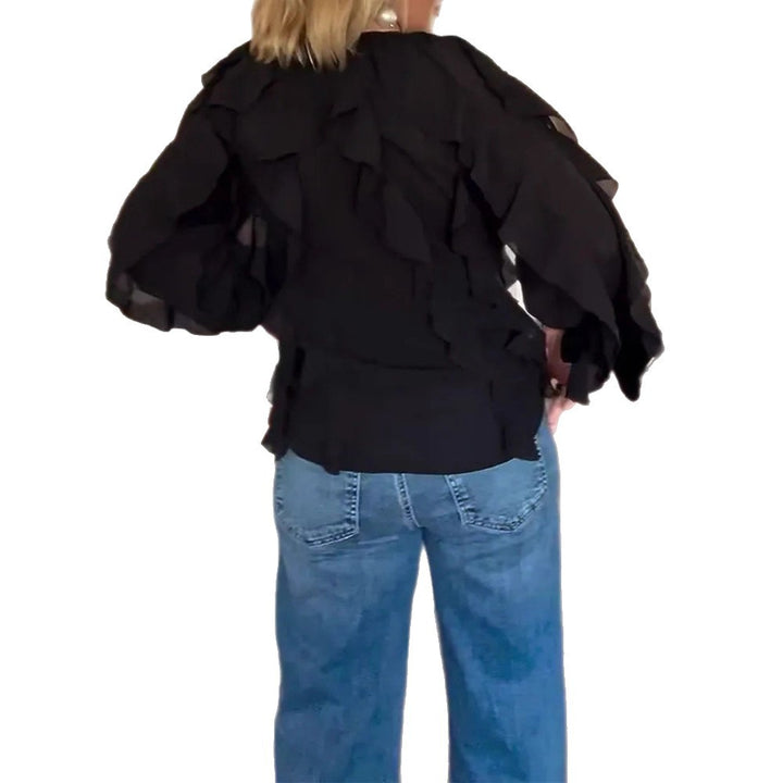 Damen nan semitransparente Lagenvolant-Bluse aus Chiffon mit Ballonärmeln und verdeckter Knopfleiste Drune