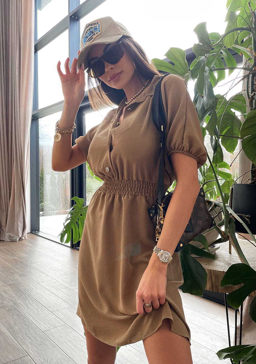Damen lässiges Kurzarmkleid mit elastischem Gummizug in der Taille und elegantem Kragen Drune