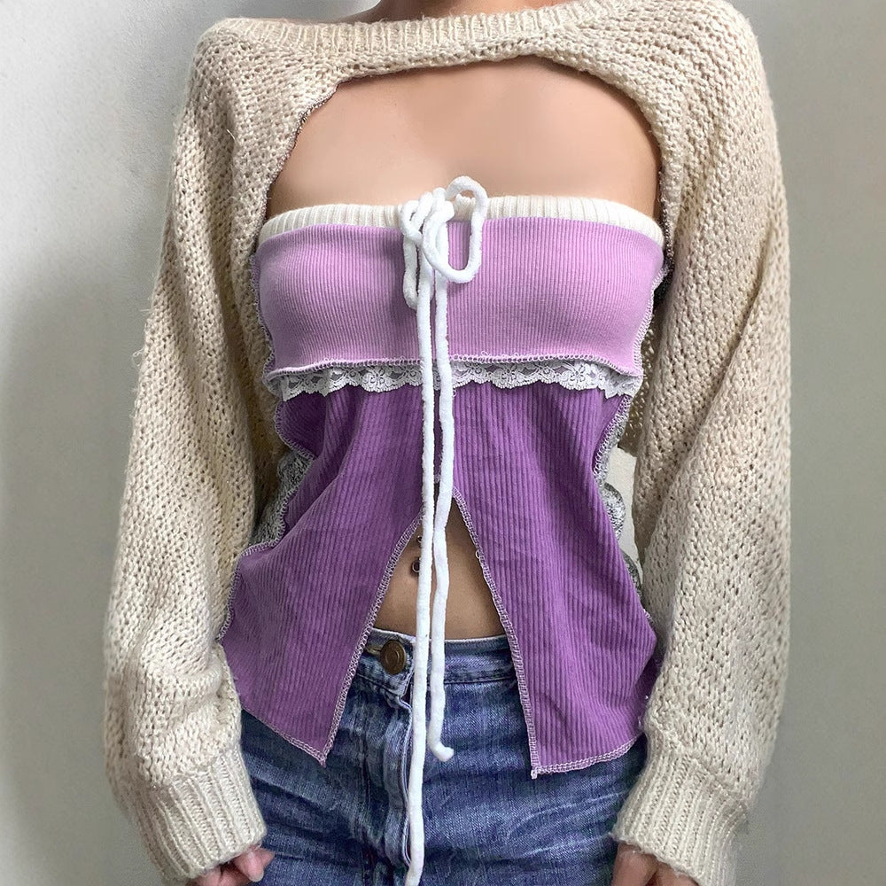 Damen Offshoulder Top mit Spitzenakzenten und Tasche Drune