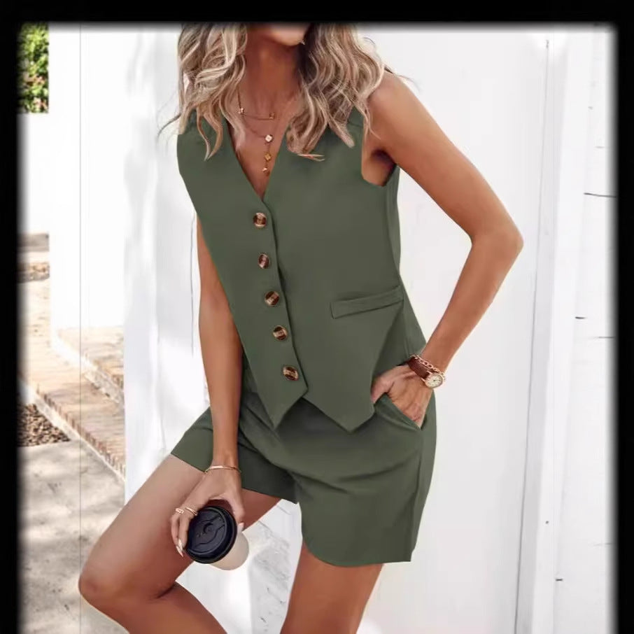 Damen ärmelloses Blazer-Set mit Shorts und Knopfverschluss Drune