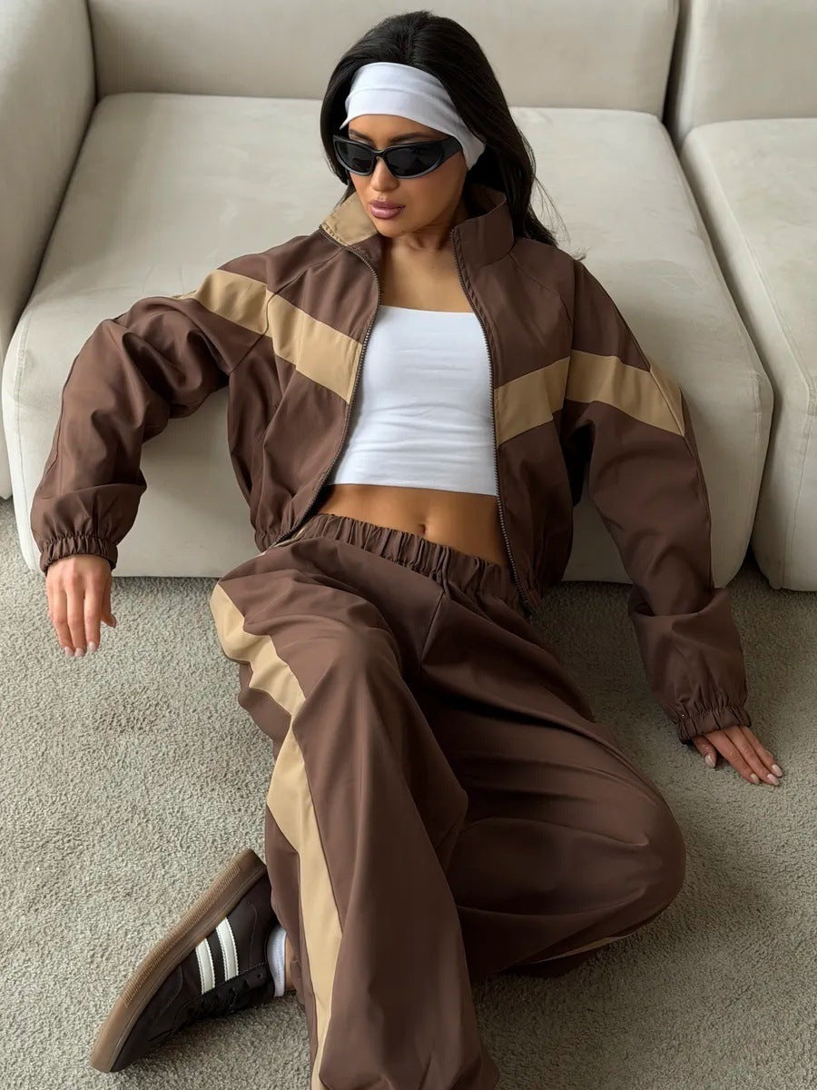 Damen Zweiteiliges Track-Set mit Cropped-Windjacke und weitem Jogger Drune