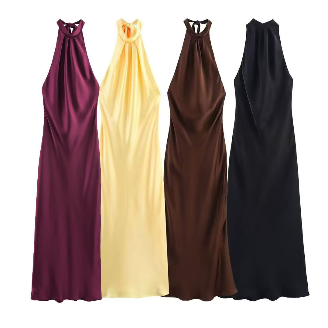Damen Elegantes Maxikleid mit schimmerndem Wasserfallausschnitt und figurumspielendem Schnitt Drune
