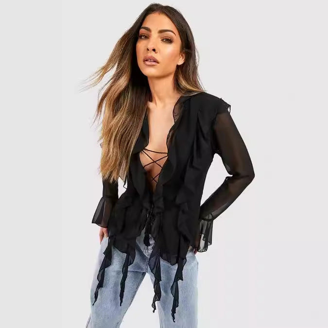 Damen Rüschenshirt mit eleganten Schnürdetails und transparenten Ärmeln Drune
