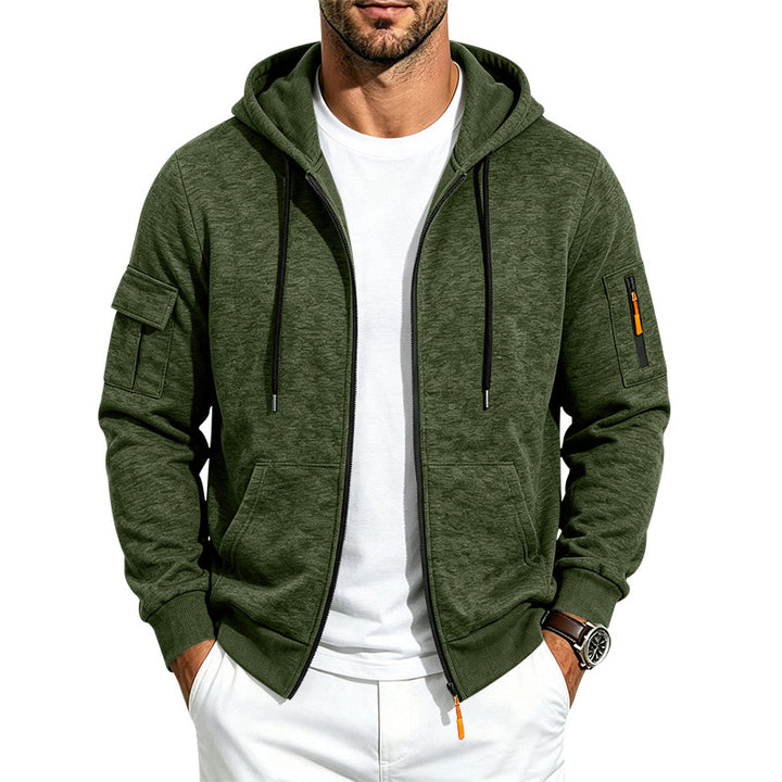 Herren Melierte Zip‑Hoodie‑Jacke mit Utility‑Ärmeltasche und Känguru‑Taschen Drune