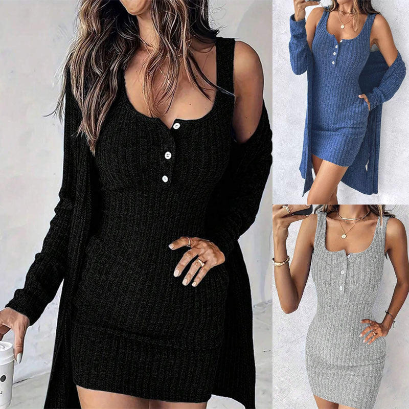 Damen Geripptes Twinset aus figurbetontem Träger-Strickkleid und Offenem Longcardigan Drune
