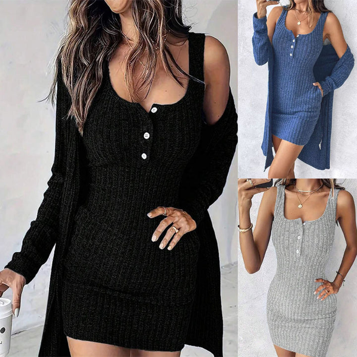 Damen Geripptes Twinset aus figurbetontem Träger-Strickkleid und Offenem Longcardigan Drune