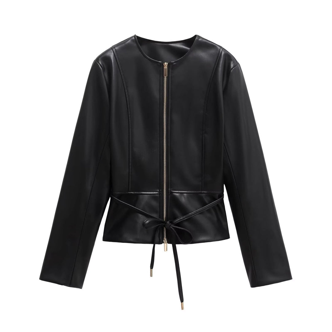 Damen Kollierlose Kunstlederjacke mit Reißverschluss und Taillenband Drune