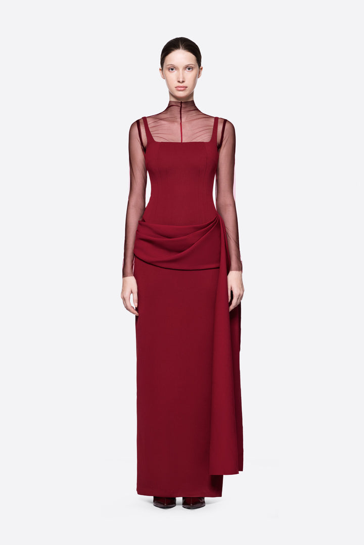 Damen Elegantes Maxikleid mit transparenten Ärmeln und drapiertem Rock Drune
