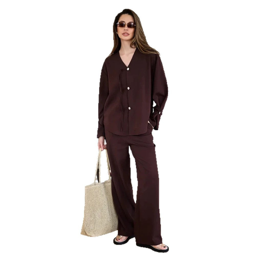 Damen Lässiges Lounge-Set mit V‑Ausschnitt, Knopfleiste und Zugbändern Drune