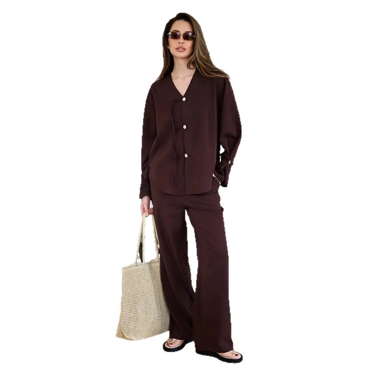 Damen Lässiges Lounge-Set mit V‑Ausschnitt, Knopfleiste und Zugbändern Drune