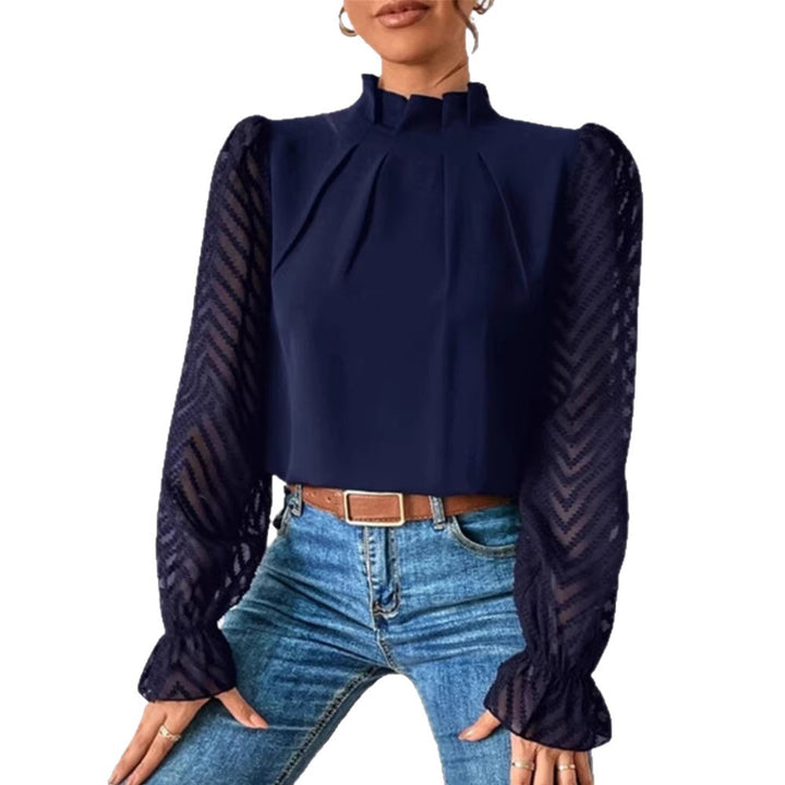 Damen Elegante Chiffonbluse mit Stehkragen, Faltenkante und transparenten Jacquard-Ärmeln Drune