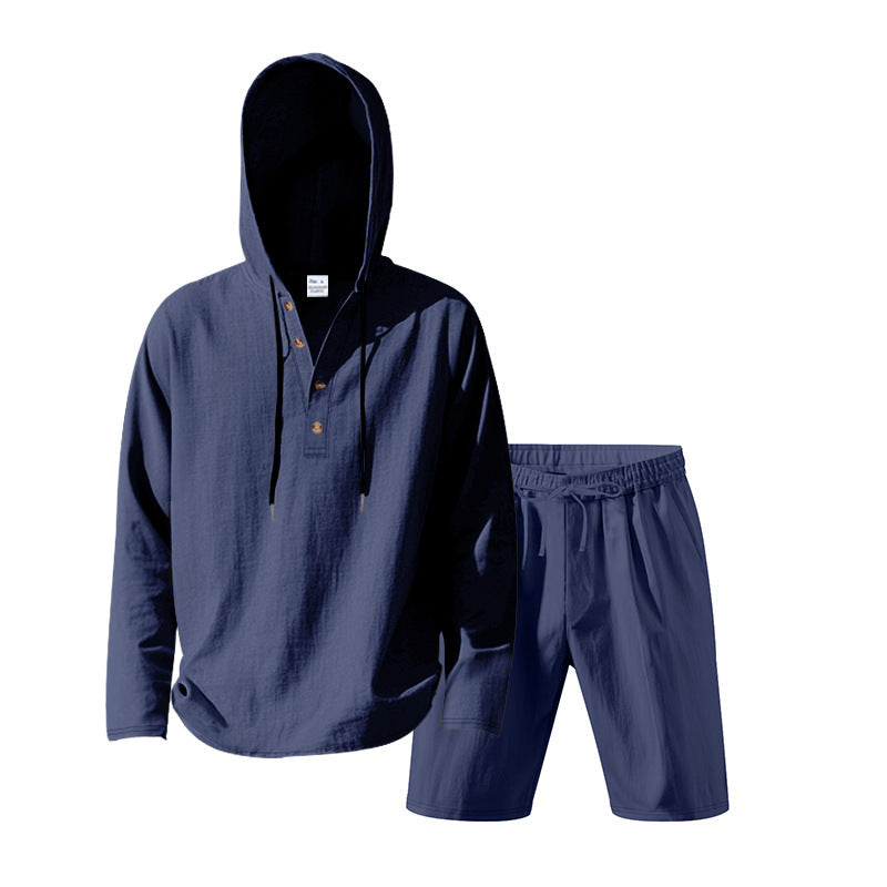 Herren nan Kapuzen-Henley-Loungewear-Set mit Leinenoptik, Kordelzug und elastischer Tunnelzugshorts Drune