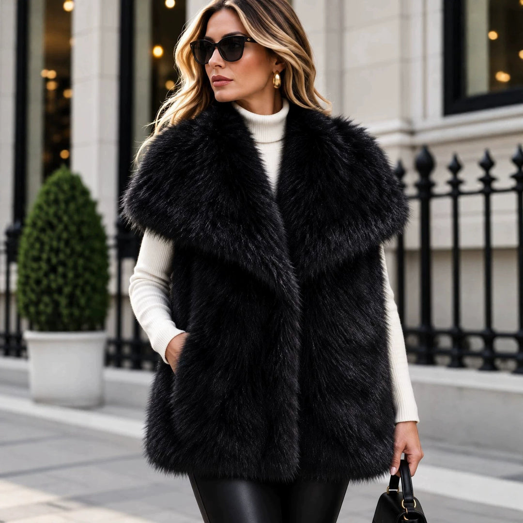 Damen Ärmellose Luxus‑Faux‑Fur‑Weste mit extraweichem Langflor und übergroßem Schalkragen Drune