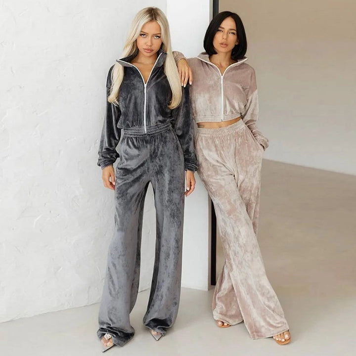 Damen luxuriöses Velours Lounge-Set mit kurzem Reißverschlussjacke und hochtaillierter Gummibund-Jogger Drune