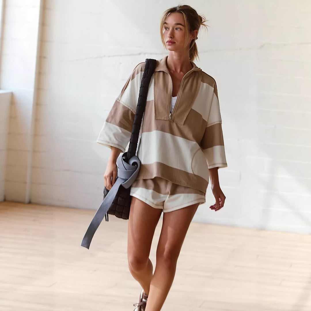 Damen sportliches Kurzarm-Hoodie und Shorts-Set mit hochwertigem Reißverschluss und lässigem Schnitt