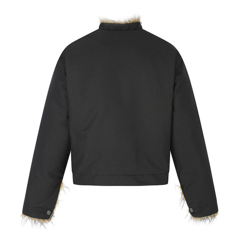 Damen Kurzjacke mit Kunstfellfutter, Stehkragen und verdeckter Knopfleiste Drune