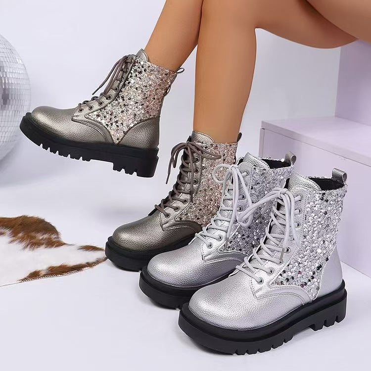 Damen nan glitzernde Schnür-Bikerboots mit robust profilierter Sohle und metallisch genarbter Oberfläche Drune