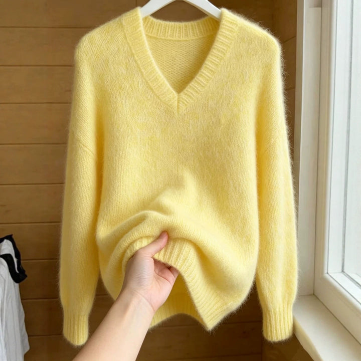 Damen Flauschiger Mohair-Mix Oversize-Pullover mit tiefem V-Kragen Drune
