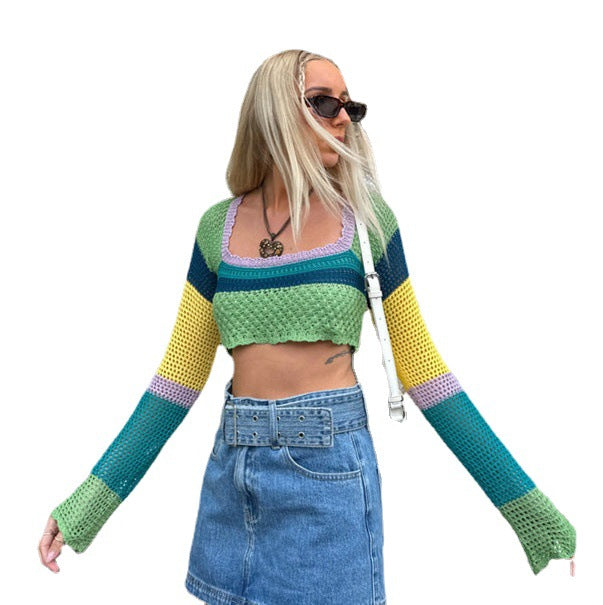 Damen luftiges gehäkeltes Crop-Top mit auffälligem Streifenmuster Drune