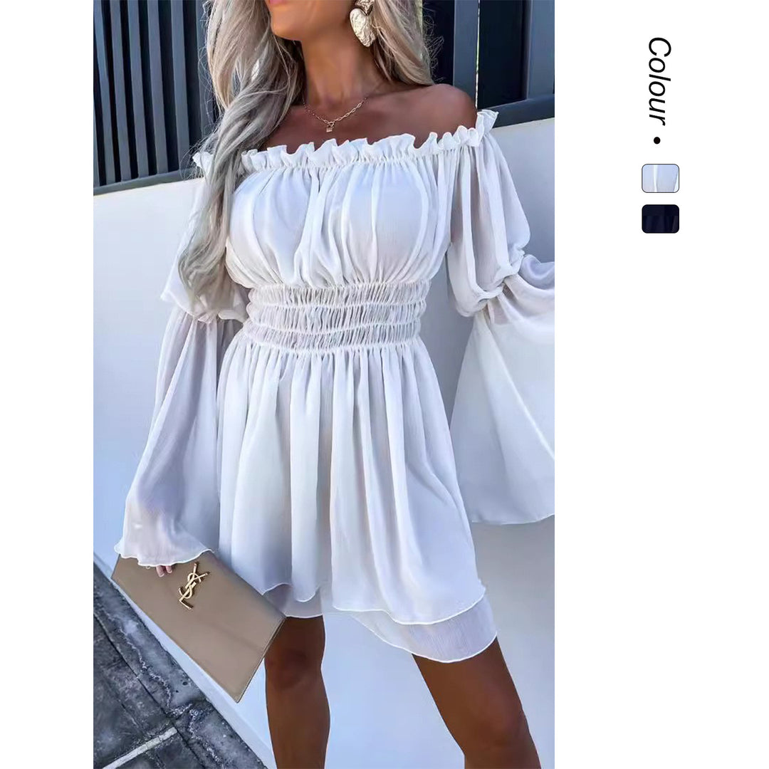Damen Off-Shoulder Minikleid mit elastischem Taillenband und fließendem Stoff Drune