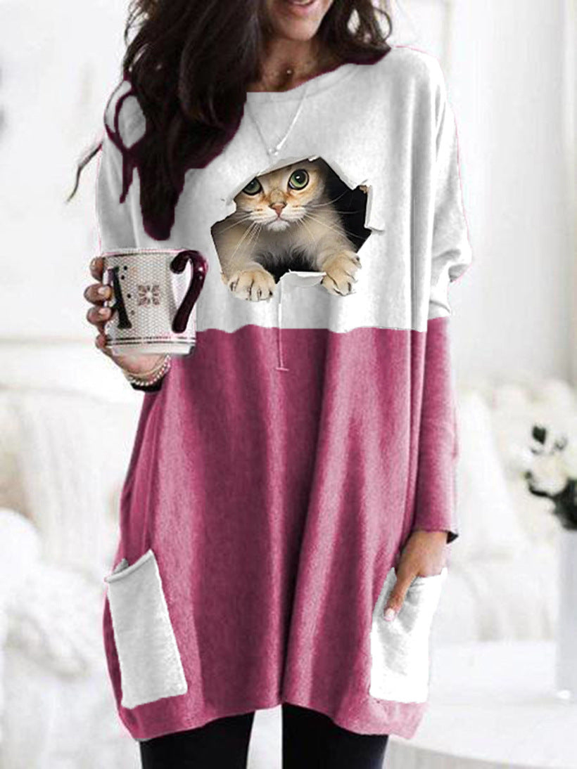 Frauen Längerer Colorblock Strickpullover mit Katzenmotiv und aufgesetzten Taschen Drune
