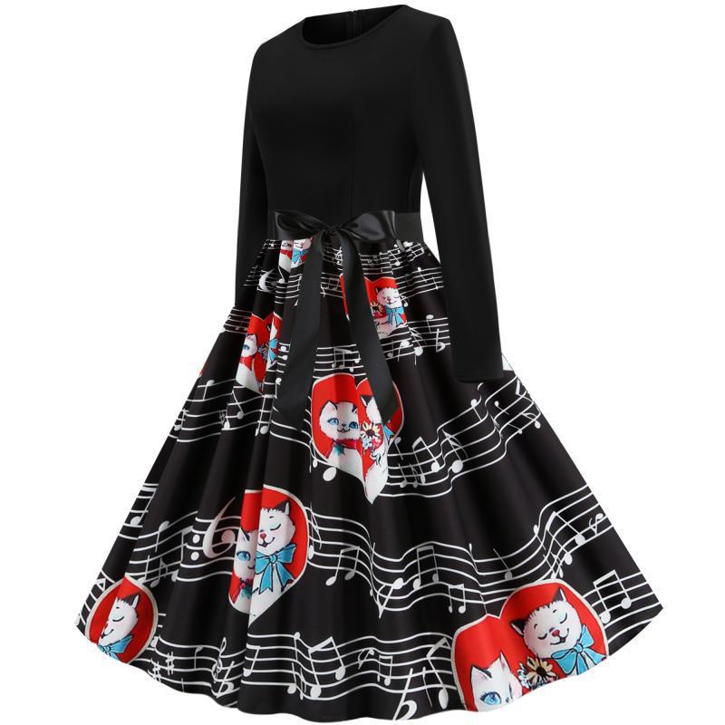 Damen Retro Swing-Kleid im Vintage-Stil mit A-Linie, langärmlig und Taillenschleife Drune