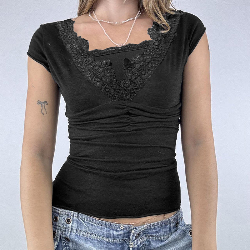 Damen elegantes Spitzenoberteil mit ruched Design und V-Ausschnitt Drune