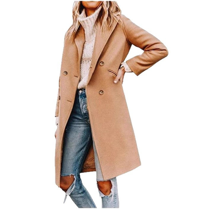 Damen eleganter, klassischer Wollmantel mit doppelter Knopfreihe und praktischen Taschen Drune
