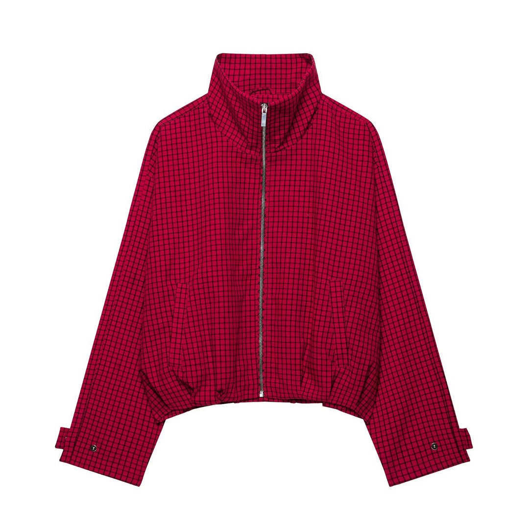 Damen Kurze karierte Zip‑Jacke im Boxy‑Cropped‑Schnitt mit Stehkragen Drune