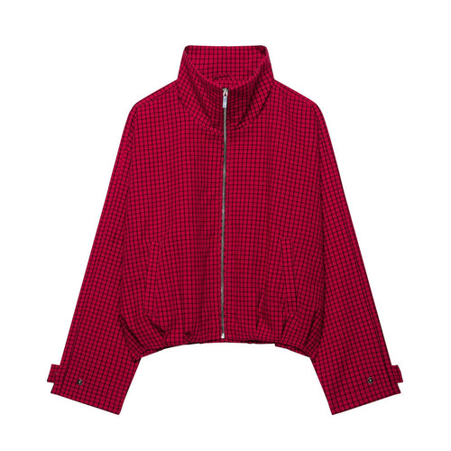 Damen Kurze karierte Zip‑Jacke im Boxy‑Cropped‑Schnitt mit Stehkragen Drune