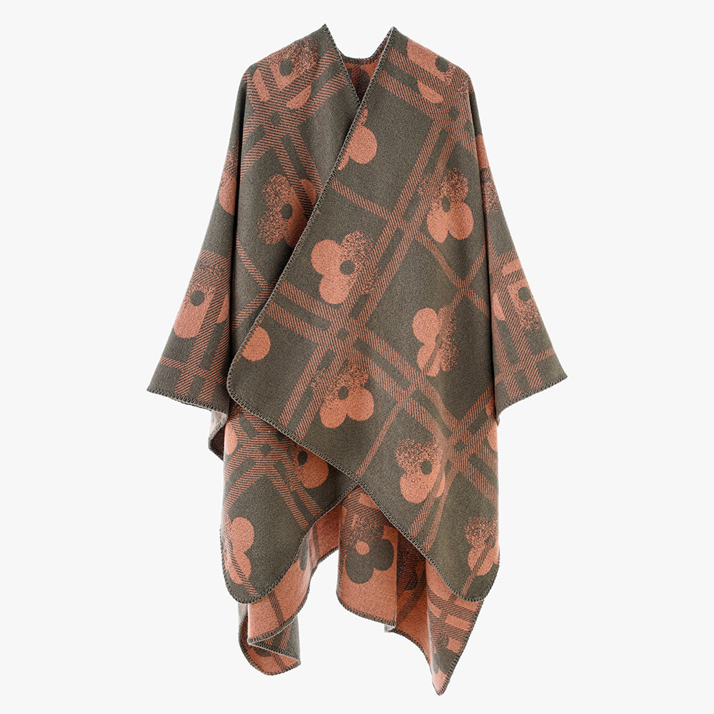 Damen Reversibler Jacquard-Poncho aus Wollmix mit floralem Karo‑Motiv und Zierkettelnaht Drune