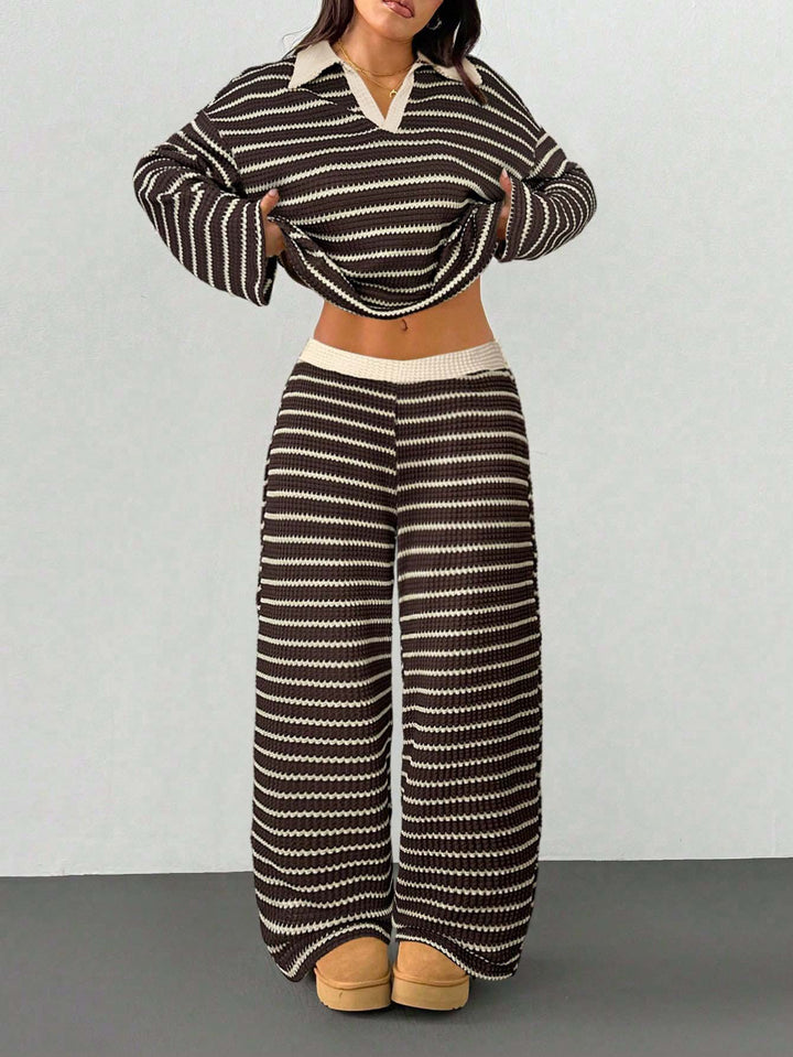 Damen Gestreiftes Strick-Set aus Polokrippenpullover und weiten Palazzo-Strickhose Drune