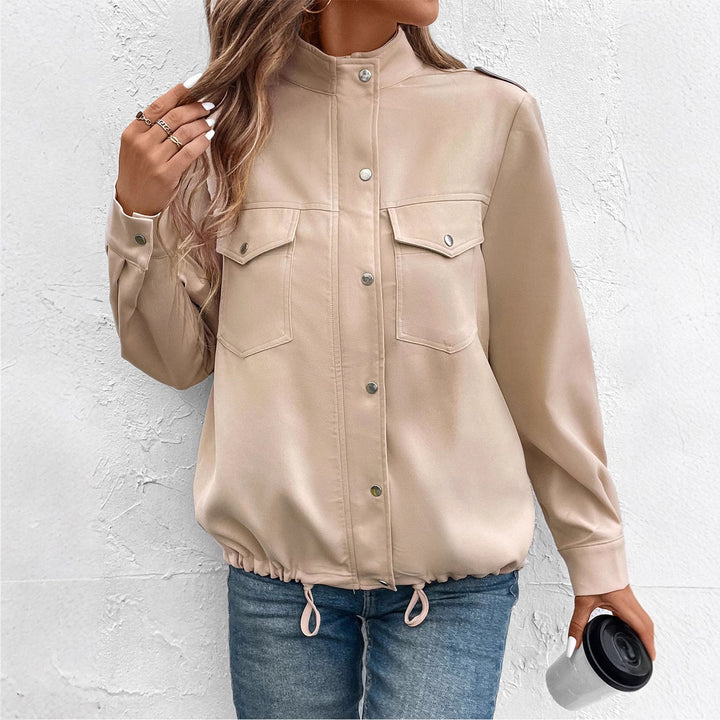 Damen Oversize Hemdjacke mit Druckknopf-Front, Brustklappen und Tunnelzugsaum Drune