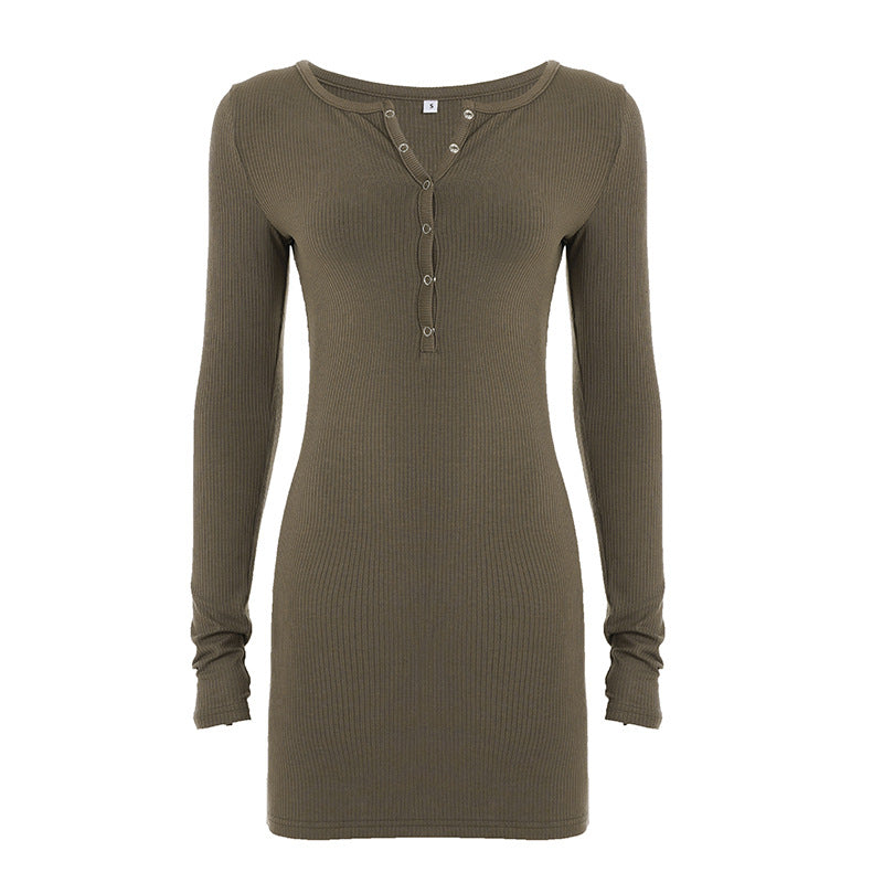 Damen nan figurbetontes Ripp-Strickkleid mit Henley-Knopfleiste und langem Arm Drune