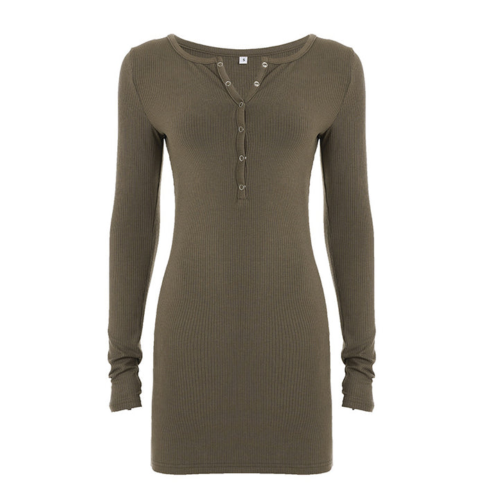 Damen nan figurbetontes Ripp-Strickkleid mit Henley-Knopfleiste und langem Arm Drune