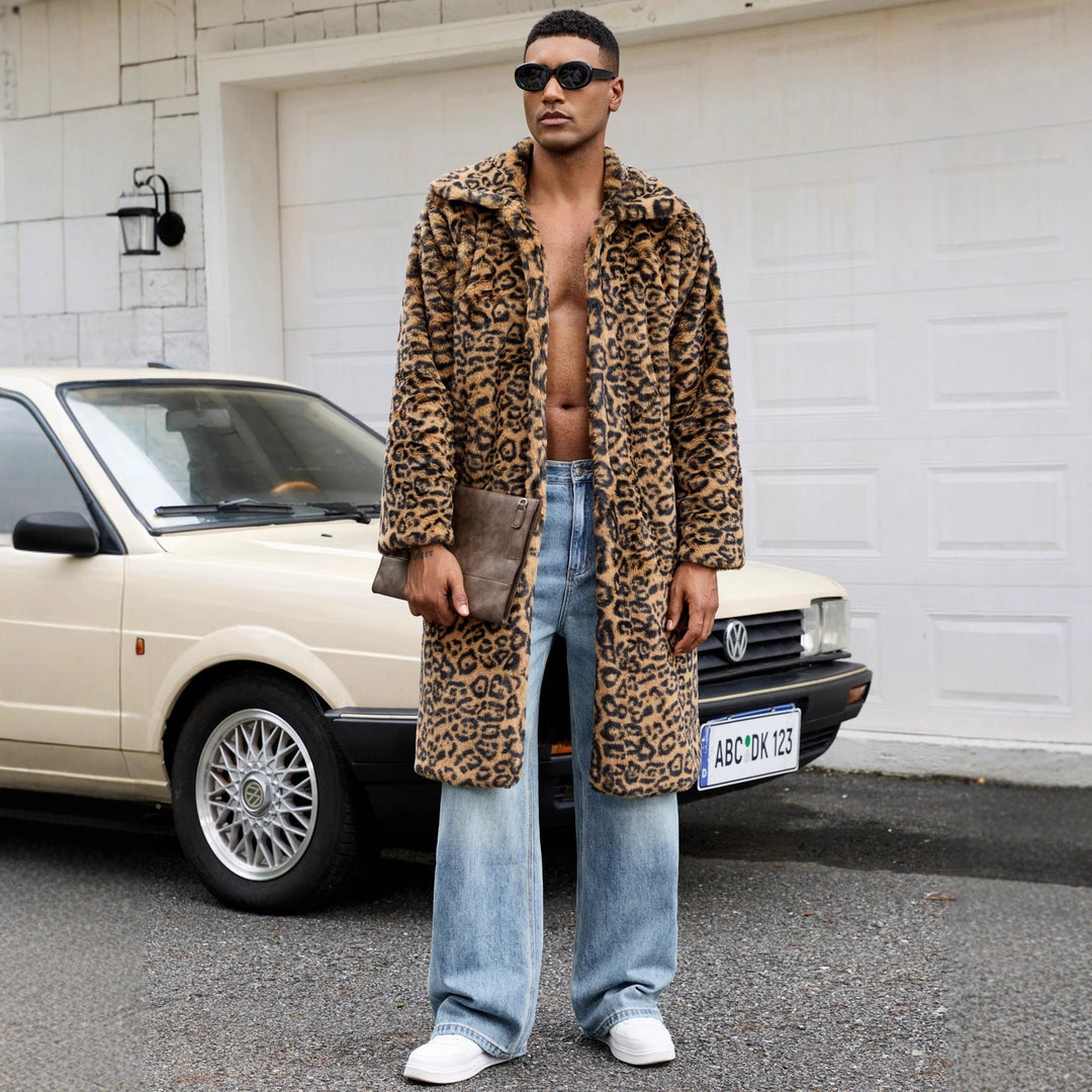 Herren Luxus Kunstpelzmantel mit Leopardenmuster Drune