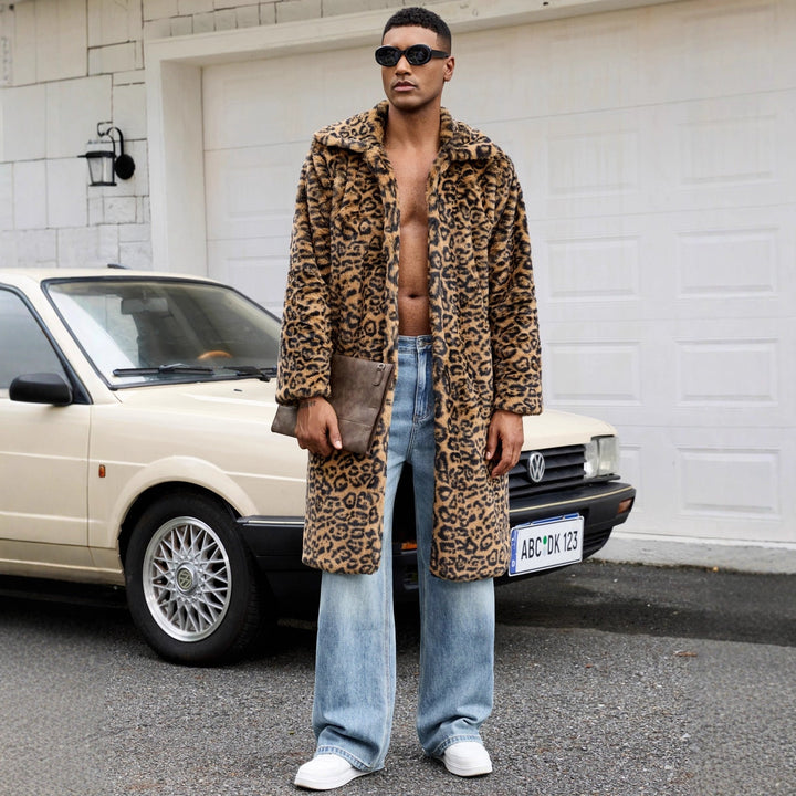 Herren Luxus Kunstpelzmantel mit Leopardenmuster Drune