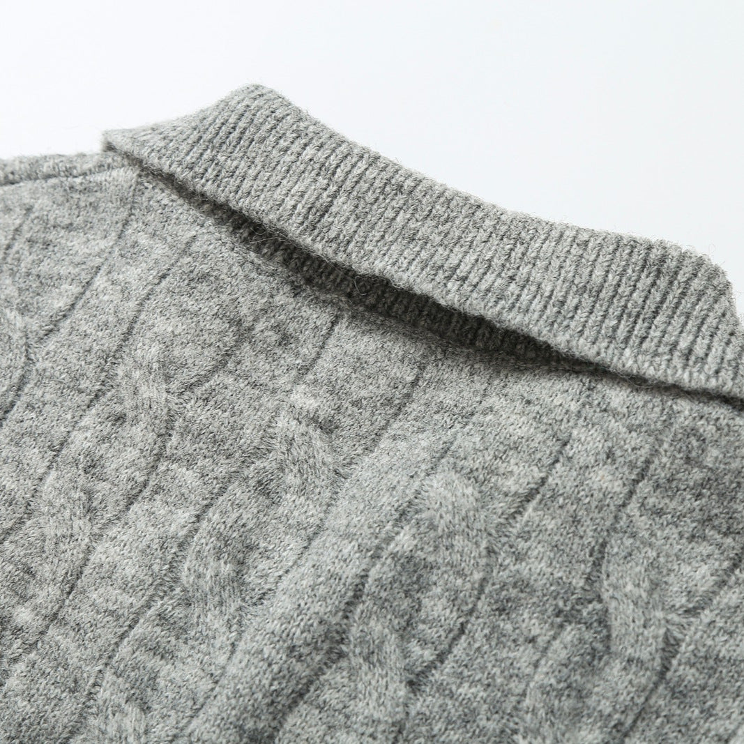 Damen Grobgestrickter Zopfmuster-Pullover mit offenem Polokragen und V‑Ausschnitt Drune
