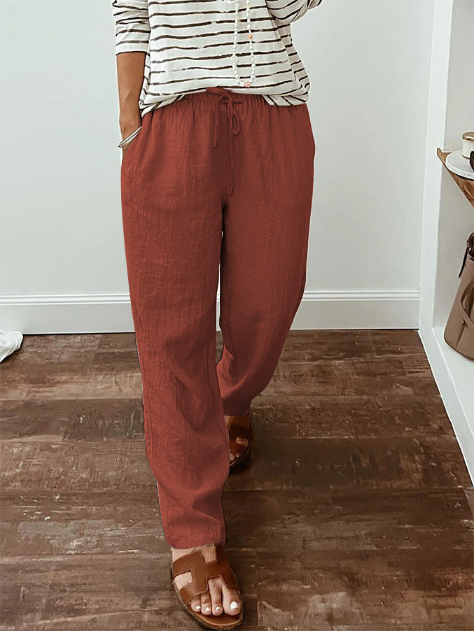 Leichte Damen-Leinenoptik-Hose mit elastischem Kordelzug, Fronttaschen und weitem Bein Drune