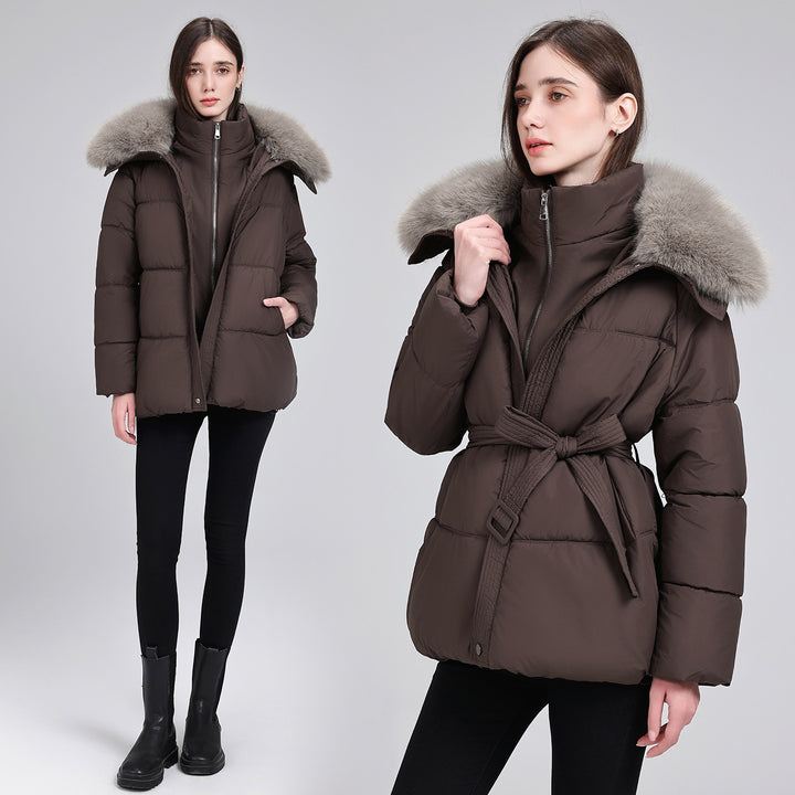 Damen Taillierter Pufferparka mit Wickelgürtel, hohem Stehkragen und voluminösem Fellkragen Drune