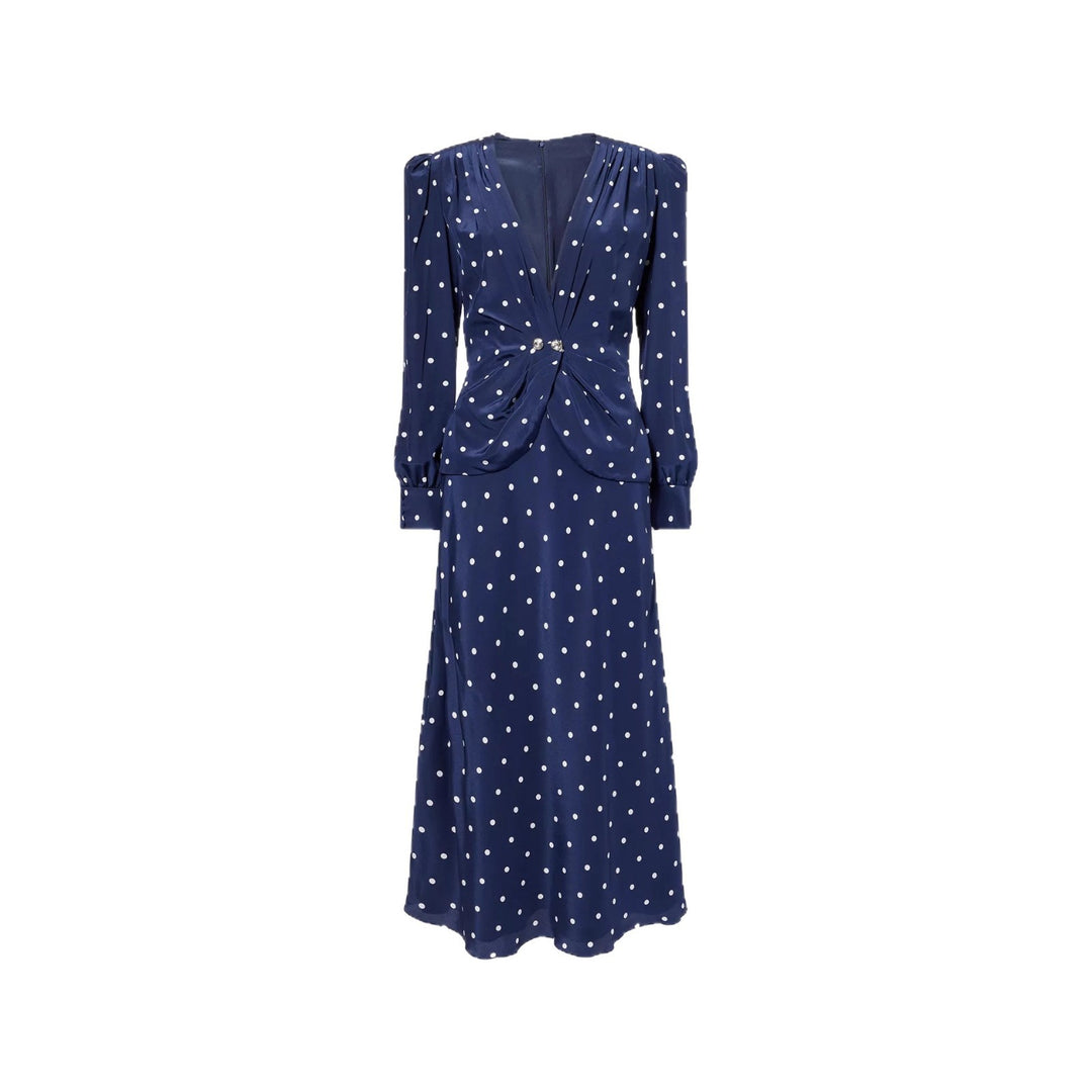 Damen Midikleid mit Punkteprint, tiefem V‑Ausschnitt, Wickelraffung und langen Ärmeln Drune