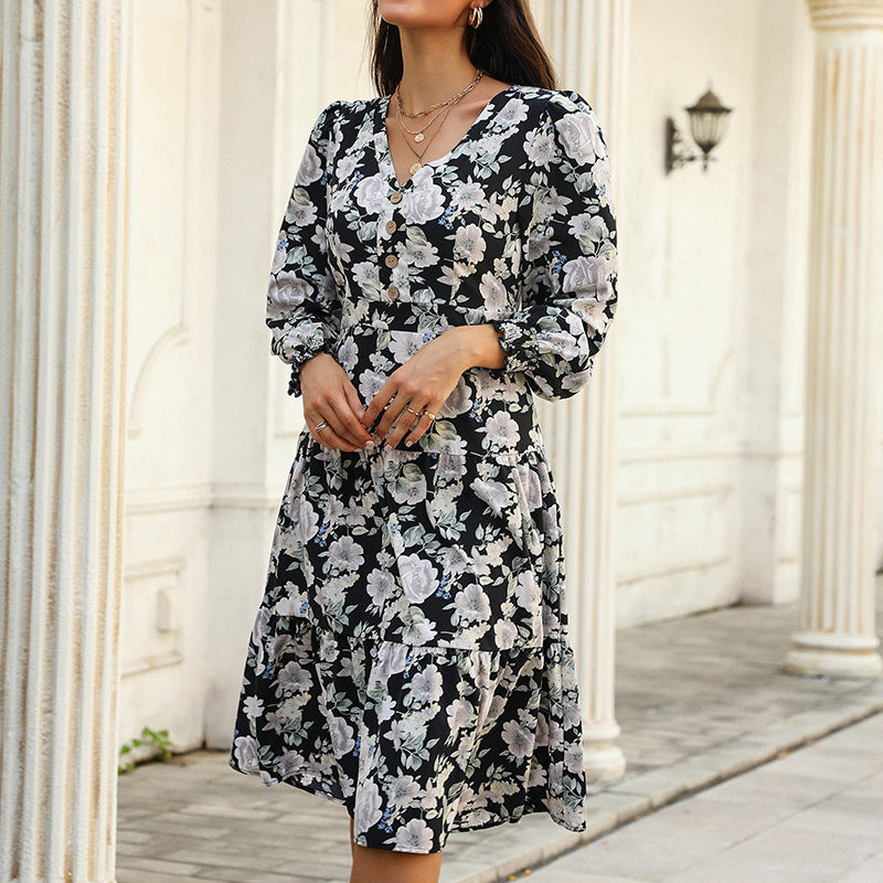 Damen Midikleid mit Stufenrock, V‑Ausschnitt, Taillennaht und gerafften Armabschlüssen Drune