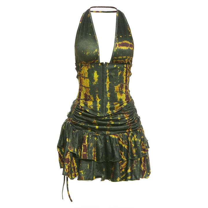 Damen Halterneck Mini-Kleid mit Raffung und verziertem Saum Drune