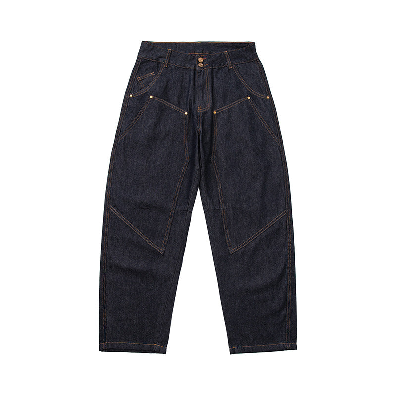 Damen High‑Waist kurzgeschnittene Jeans mit weitem Bein, Einsatznähten und Utility‑Taschen Drune