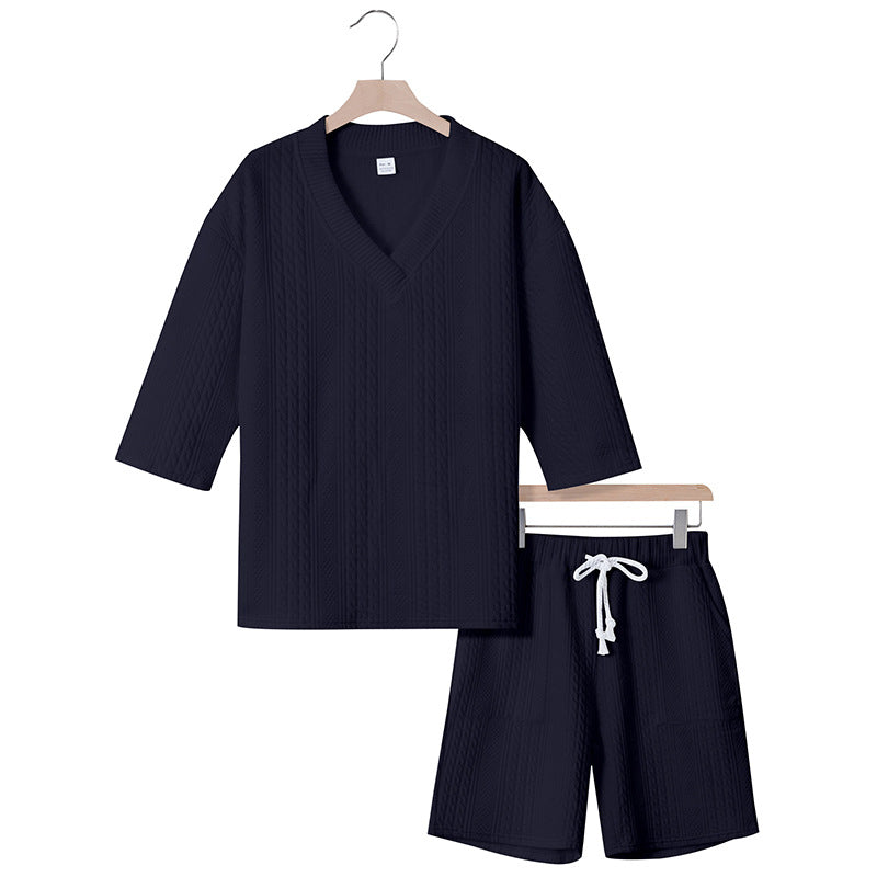 Unisex nan lässiges Lounge-Set mit V-Ausschnitt-Oberteil und Kordelbund-Shorts Drune