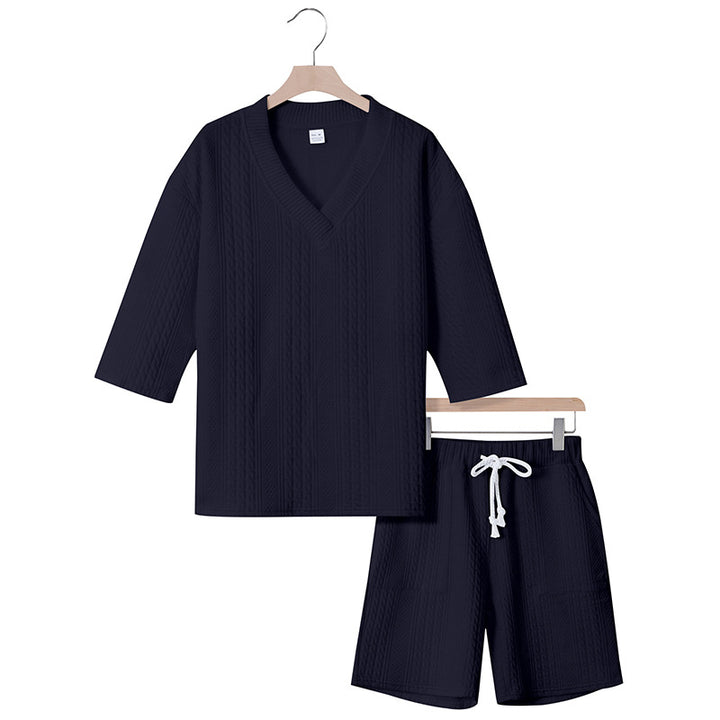 Unisex nan lässiges Lounge-Set mit V-Ausschnitt-Oberteil und Kordelbund-Shorts Drune