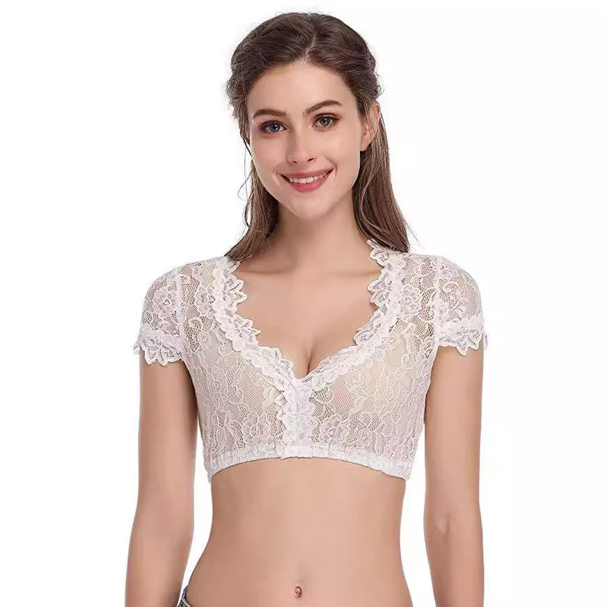Damen  kurze transparente Spitzenbluse mit V-Ausschnitt und zierlichen Ärmelabschlüssen Drune